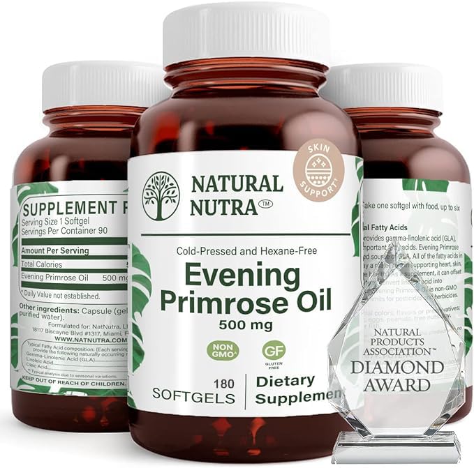 Natural Nutra Evening Primrose Oil Supplement from Fatty Acid, Ajuda a superar a dor corporal, Nerve Health, Promover Hearth Health & Skin Clarity, Ajuda a reduzir o desconforto digestivo, 500 mg, 180 Softgel