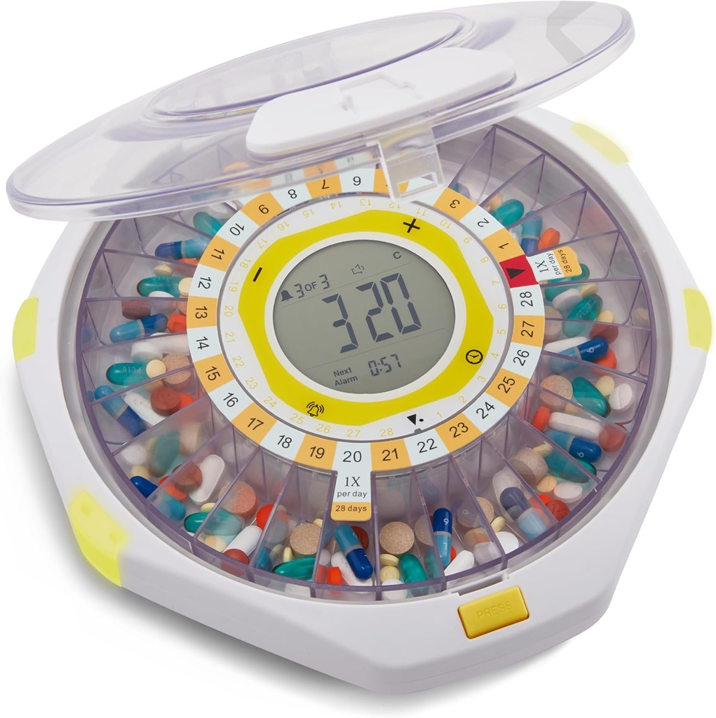 Dispensador automático de comprimidos LiveFine Bluetooth, capacidade de 28 dias, alertas de som e luz, Key Lock, LCD e fácil configuração na aplicação LiveFine para receitas, medicamentos, vitaminas e suplementos - Lid clara