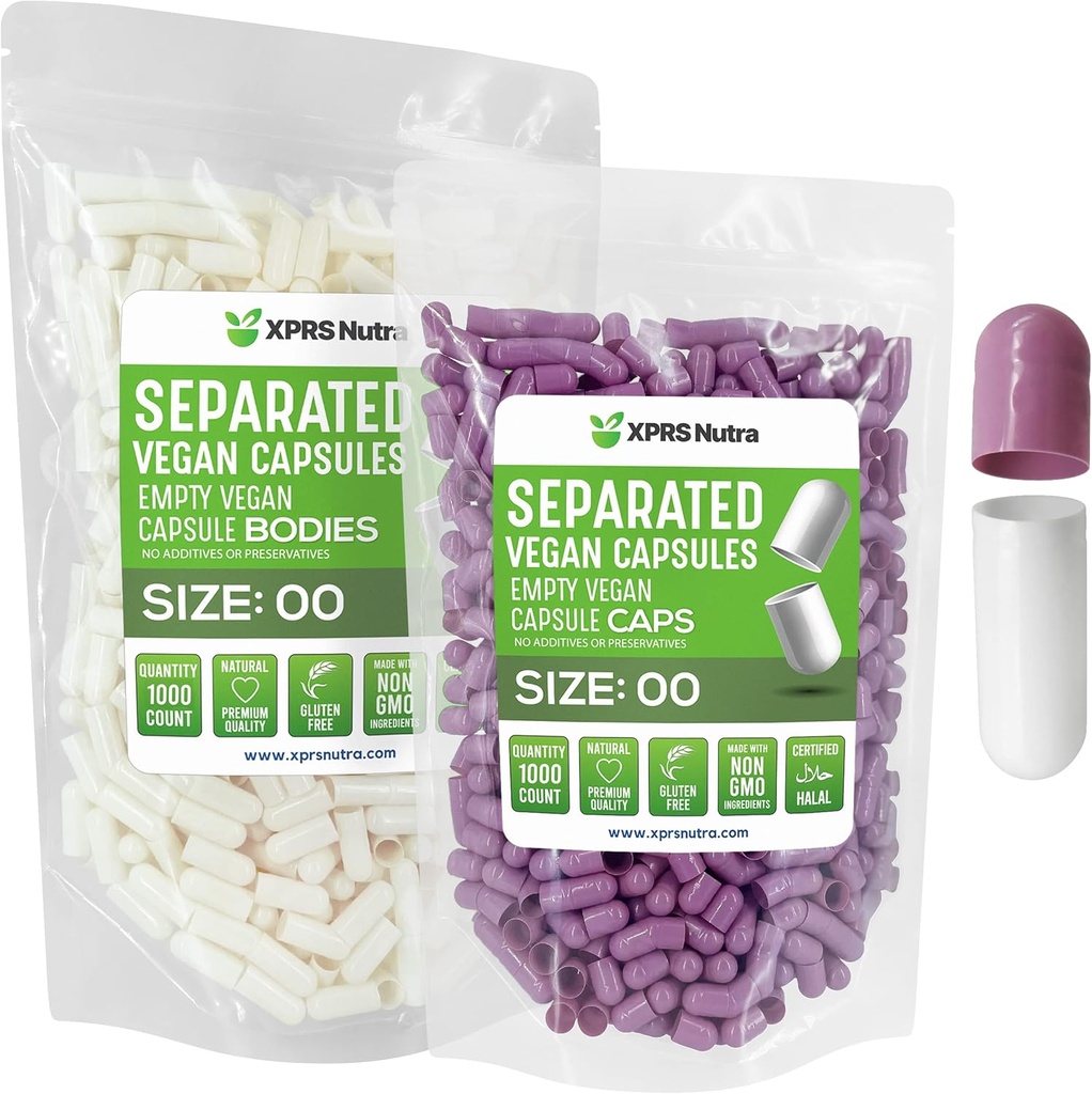 XPRS Nutra Vegan Tamanho 00 Cápsulas Separadas - 1000 Count Premium Cápsulas Vazias Separadas em Sacos - 00 Comprimidos Vazios para Preenchimento de Suplemento DIY (Lavanda/Branco)