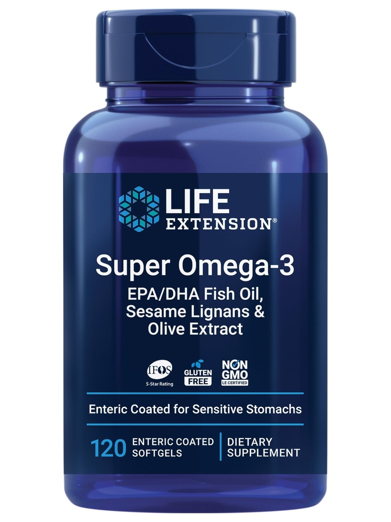 Extensão de vida Super Omega-3 EPA / DHA Óleo de peixe, Lignans Sésamo e Extrato de Oliva – Saúde do Coração, Saúde do Cérebro, Apoio à Saúde Inflamação, Sem Glúten, Entérico, Não-GMO, 120 Softgels
