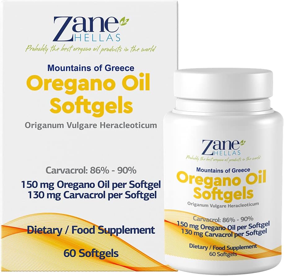 130 mg Carvacrol - 150 mg Óleo de Orégano por Softgel. World Highest Concentration Oregano Oil Cápsula. Zane Hellas Orégano Óleo. Softgel contém 30% de óleo essencial grego de Orégano. 120 Softgels.