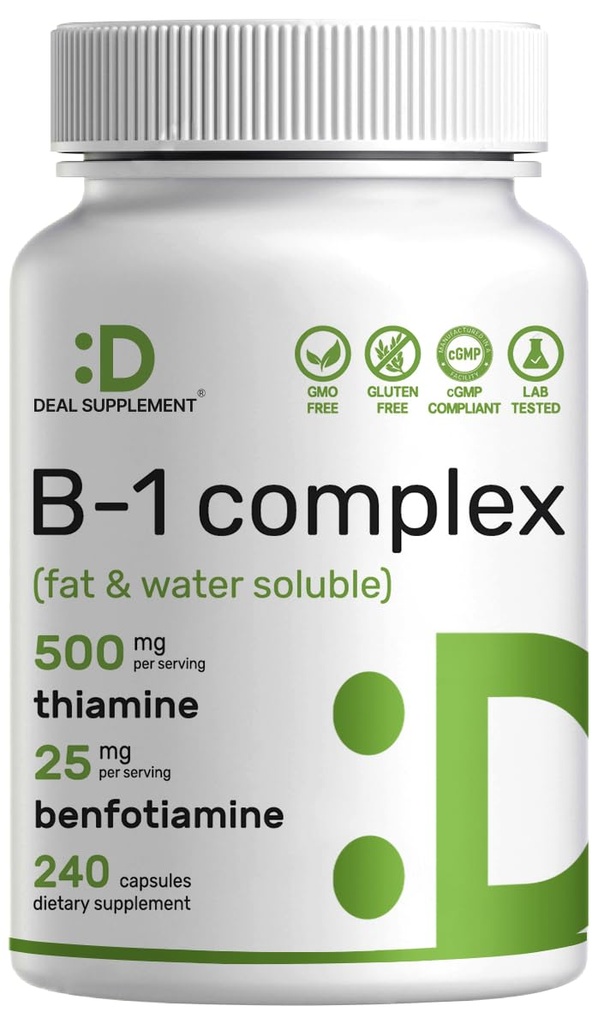 SUPPLEMENT DEAL Vitamina B1 500mg com Benfotiamina, 240 cápsulas – 2 em 1 Fórmula aprimorada – gordura e água Suplemento Solúvel de tiamina B1 – Terceiros testados, não-GMO, sem glúten
