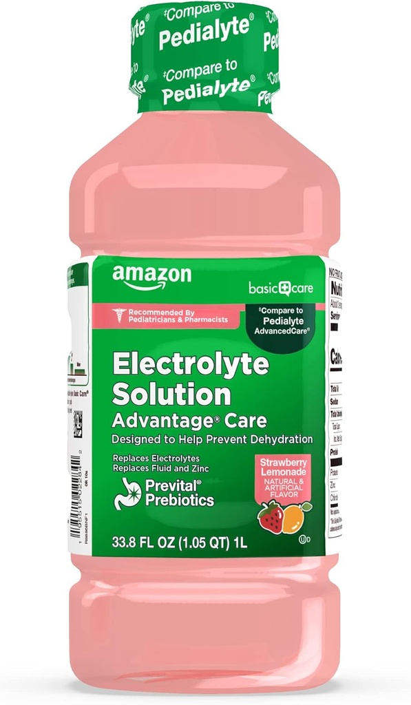Solução de Eletrolito de Cuidados Básicos com Prebióticos Prevital, Limonada de Morango, Drinque de Hidratação, Eletrolíticos Replenish, Fluido e Zinco, 33.8 fl oz (Pacote de 1)