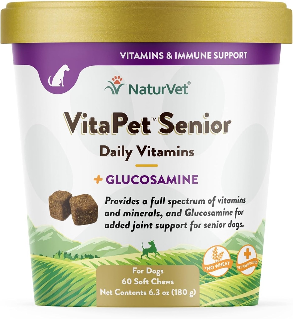 NaturVet VitaPet Senior Daily Vitaminas Plus Glucosamina para cães, 60 quilates macios, fabricados nos EUA com ingredientes de fonte global