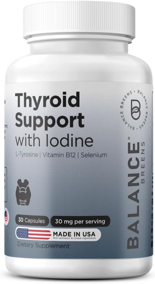 Balancebreens Suplemento de suporte da tireóide com iodo, L-Tirosina, Vitamina B12 e Selênio, 30 Veg Cápsulas - Energia, Metabolismo e Focus Support