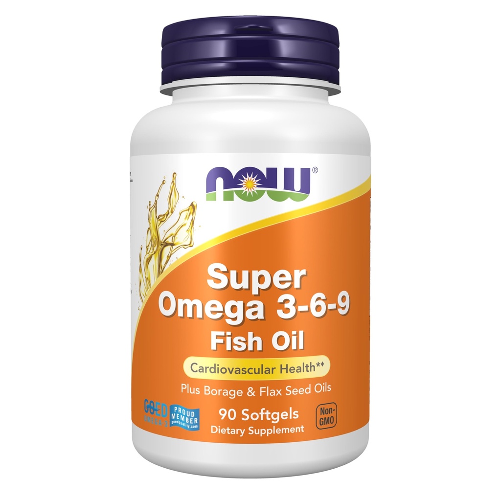 Now Supplements, Super Omega 3-6-9 1200 mg com uma mistura de óleo de semente de peixe, Borage e linho, 90 Softgels