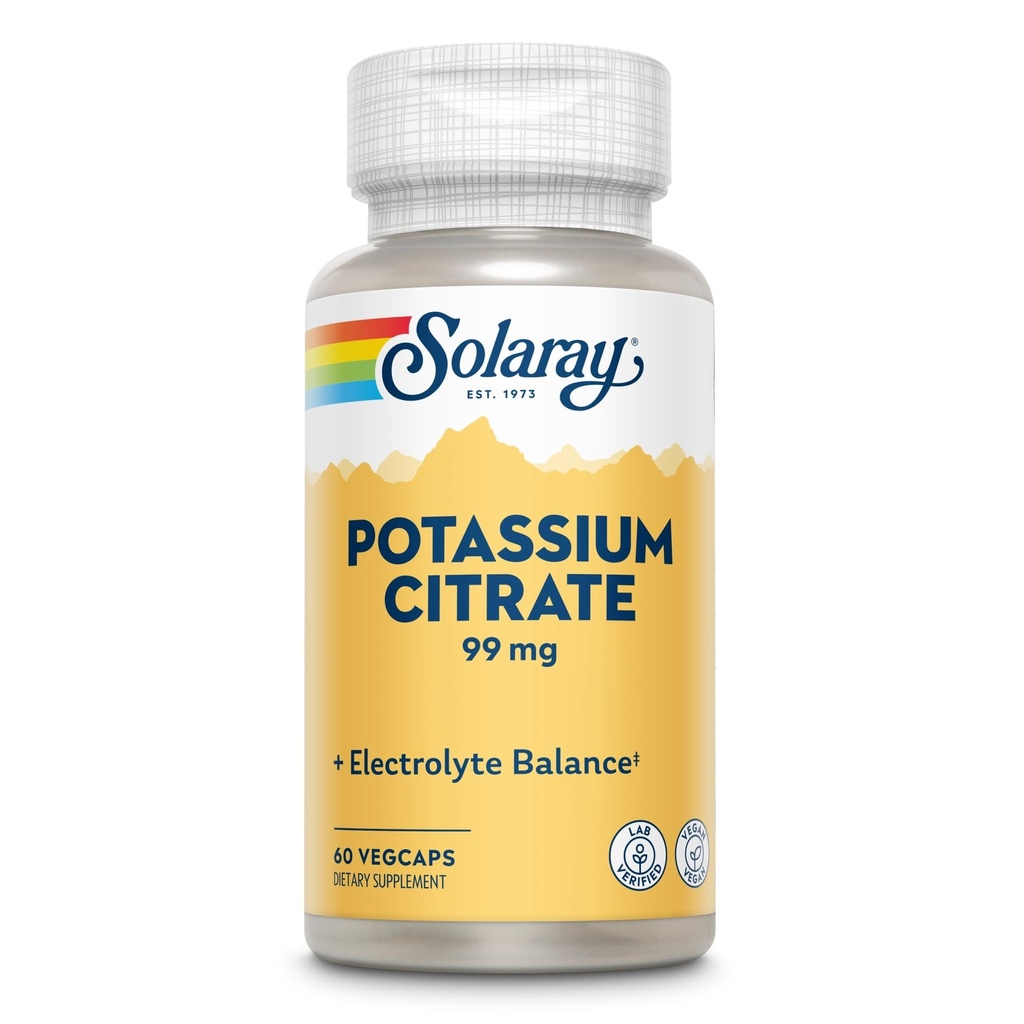 Citrato de potássio Solaray, Equilíbrio Eletrolítico Saudável, Nervo & Apoio à função muscular, Vegan, 60 VegCaps