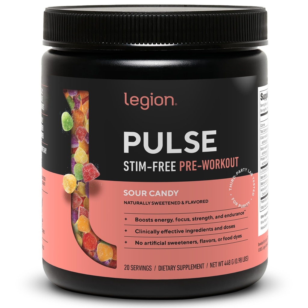 LEGION Pulse Pre Treino Suplemento - Todos os óxidos nátricos naturais Pré-treino Beber para aumentar a energia, Creatina livre, naturalmente adoçado, Beta Alanine, Citrulina, Alpha GPC (cafeína livre de doces azedo)