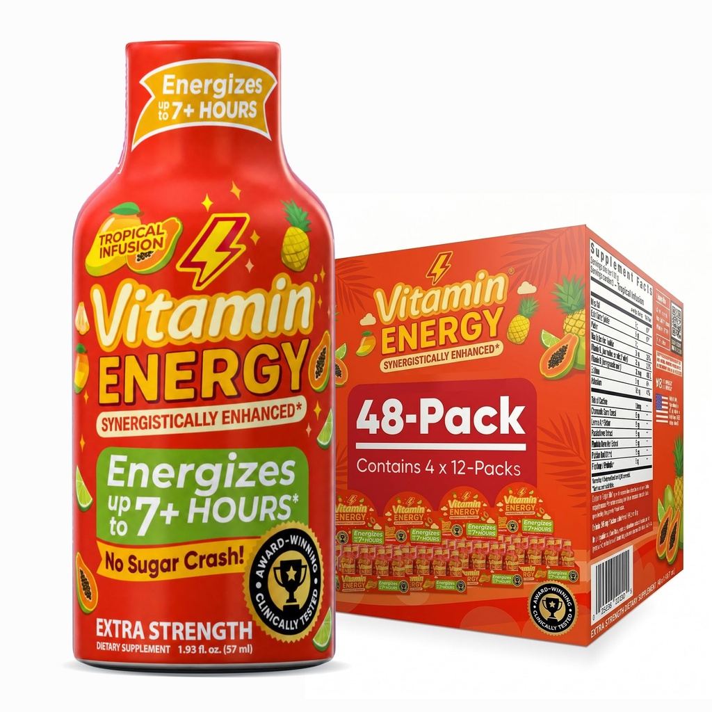 Vitamina Energia Focus+ Energia de força extra Tiro Tropical Infusion 48 Pack, 260mg Cafeína Natural, B-Vitaminas, CoQ10, Aminoácidos, Foco, Produtividade e clareza, Açúcar Zero, Gluten-Free, 1,93 fl oz