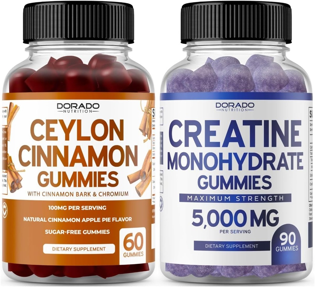 Canela de Ceilão (60 Count) - Berberine & Ginseng para Digestion Suporte geral de bem-estar e Creatina Monohidrato (90 Gummies) Delicioso Blue Framboesa Chews Flavored Supplement - Non GMO & Made in USA