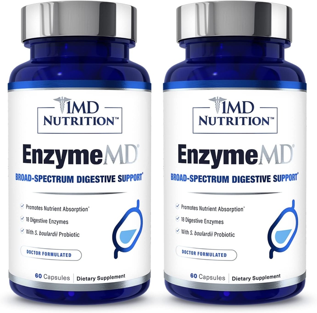 1MD Nutrition EzymeMD - Enzimas Digestivas Suplemento - Médico Formulado      , 18 Enzimas Baseadas em Plantas - Gás e Bloating Support , 120 Cápsulas (2-Pack)