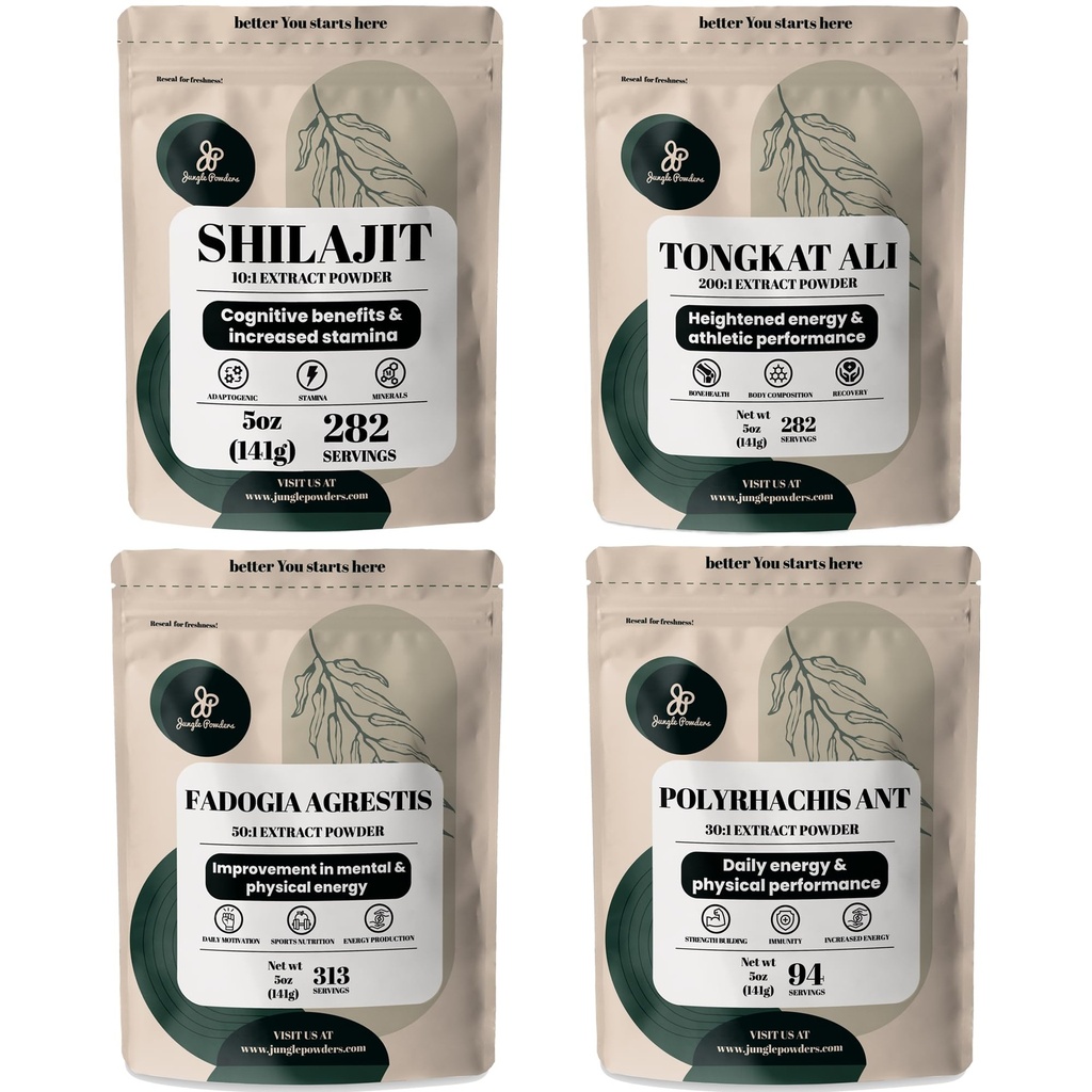 Pó de ervas em pó de selva - Shilajit em pó, Tongkat Ali para homens em pó, Extrato de formiga preta em pó, Extrato de fadogia Agrestis para homens Suplemento