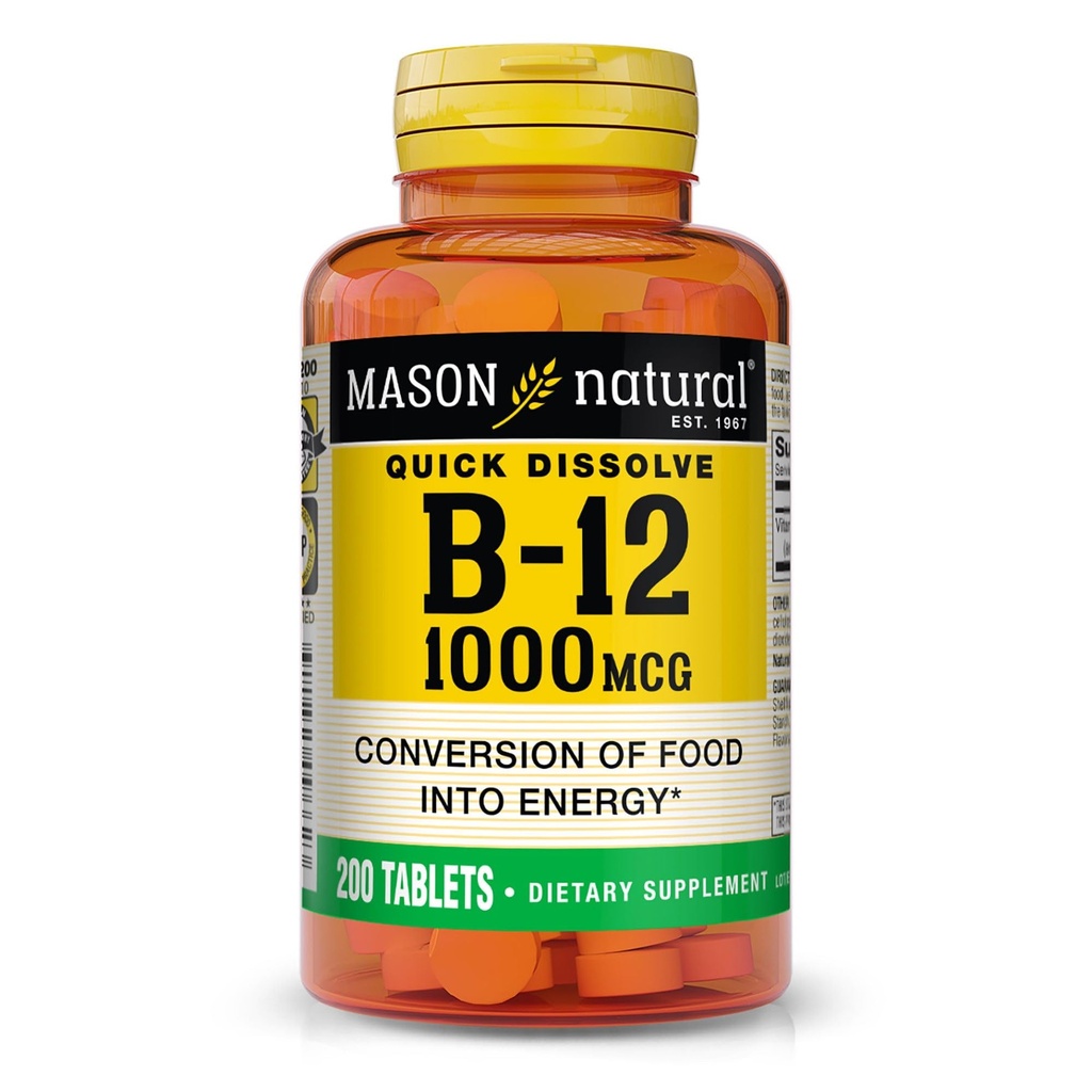 MASON NATURAL B12 1000 mcg Comprimidos de dissolução rápida para conversão saudável de alimentos em energia, fornecimento de 200 dias
