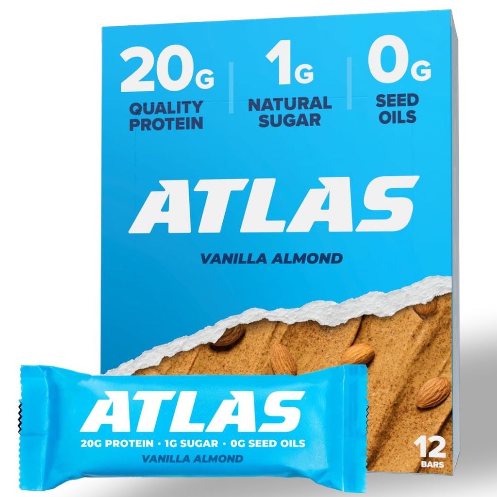 Atlas Protein Bar, 20g Proteína, 1g Açúcar, Ingredientes Limpos, Sem Glúten, Amêndoa de Baunilha (12 Count, Pack of 1)