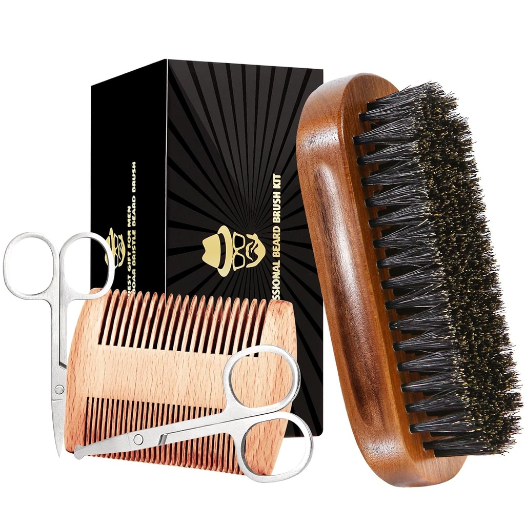 Escova de barba para homens, barba de javali preto barbas de madeira de noz e bigodes Conjunto de grooming incluindo escova de barba de javali puro, barba pente, tesouras de bigode, e bolsa de viagem