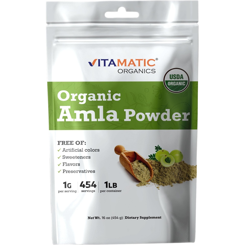 Vitamatic Certified USDA Organic Amla Berry Powder – 1 lb (16 oz) Amalaki . Rico em Vitamina Natural C & Antioxidantes .