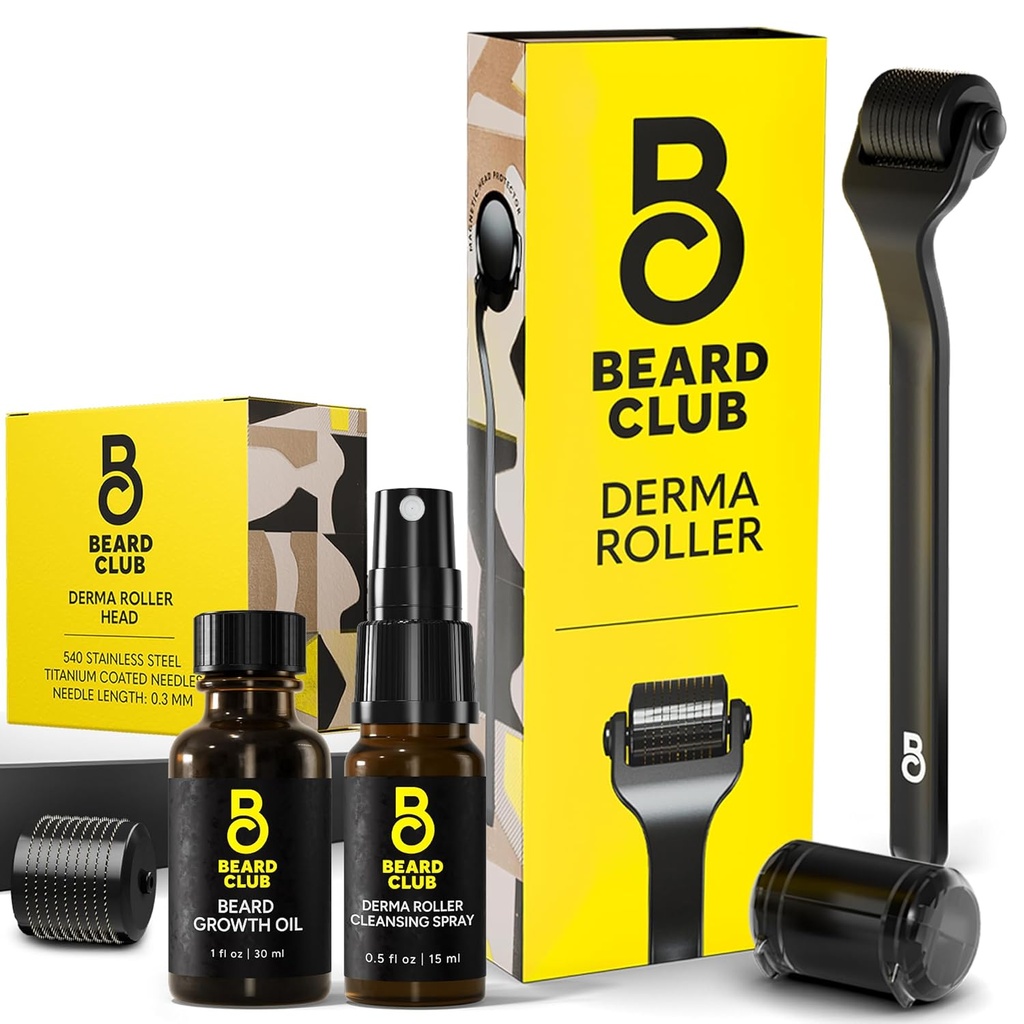 O rolo de Derma do clube da barba, óleo de crescimento da barba, cabeça de spray de Clensing e substituição - rolo microneedling com 540 microneedles de titânio para rosto, corpo e escalpe - rolo de barba com óleo de barba de sandalwood
