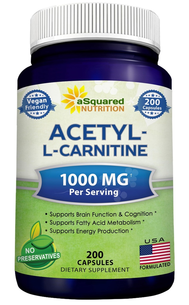 aSquared Nutrition Acetil L-Carnitina 1000mg Força máxima - 200 Cápsulas Veggie - Alta Dosagem Acetil L Carnitina HCL (ALCAR) Suplemento pílulas para apoiar energia pura, função cerebral e ácido gordo