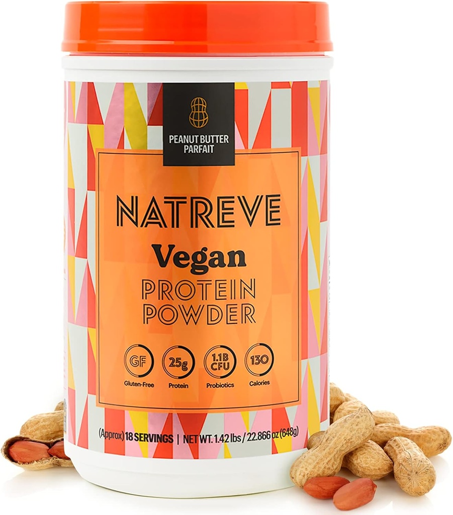 Natreve Vegan Protein Powder - 25g de proteína baseada em plantas em pó com probióticos e aminoácidos - manteiga de amendoim sem glúten Parfait, 18 Servings