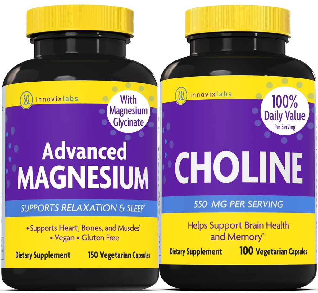 InnovixLabs Choline & Magnesium Bundle Choline Bitartrate 550mg (100 Cápsulas) Advanced Magnesium (150 Cápsulas). Suporta memória, humor, saúde cerebral e aumentar o cognitivo.*