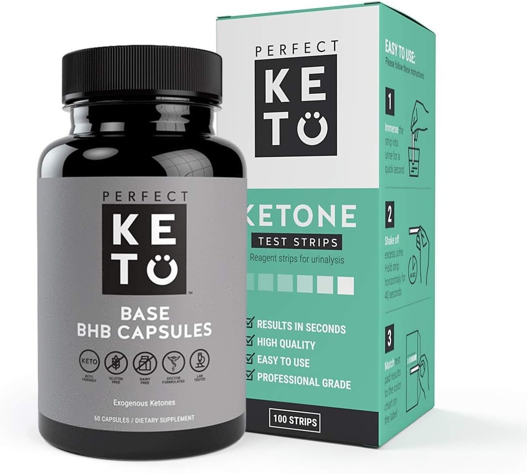 Perfect Keto Exógeno Cetones Base BHB Suplemento (60 Cápsulas) - Ketogenic Diet Support Gestão de Peso, Energia e Foco - Ketosis Beta-Hydroxybutirato com (100 pcs) Keto tiras Bundle