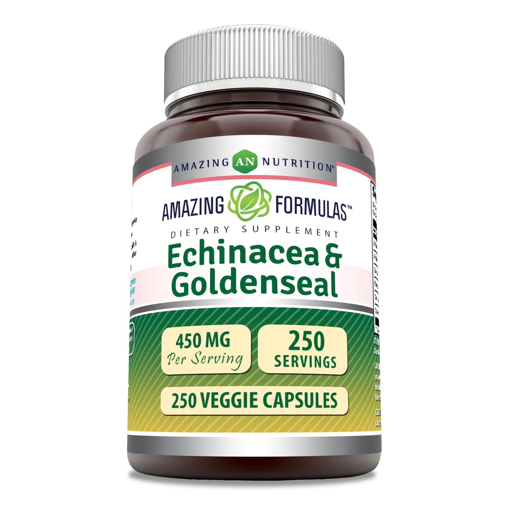 Formulas surpreendentes Echinacea com Goldenseal Supplement (ou 450 Mg) Cápsulas Veggie (ou não-GMO) Gluten Free (ou sem glúten) Made in USA (1 Pack, 250 Count)