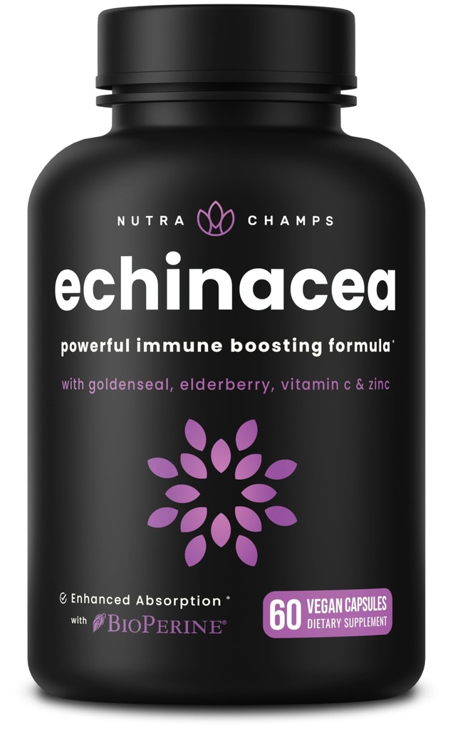 NutraChamps Echinacea Cápsulas 1000mg - 8-in-1 Imune Suplemento de suporte - Echinacea Goldenseal, Vitamina C, Zinco, Ginger, Elderberry - 60 Cápsulas