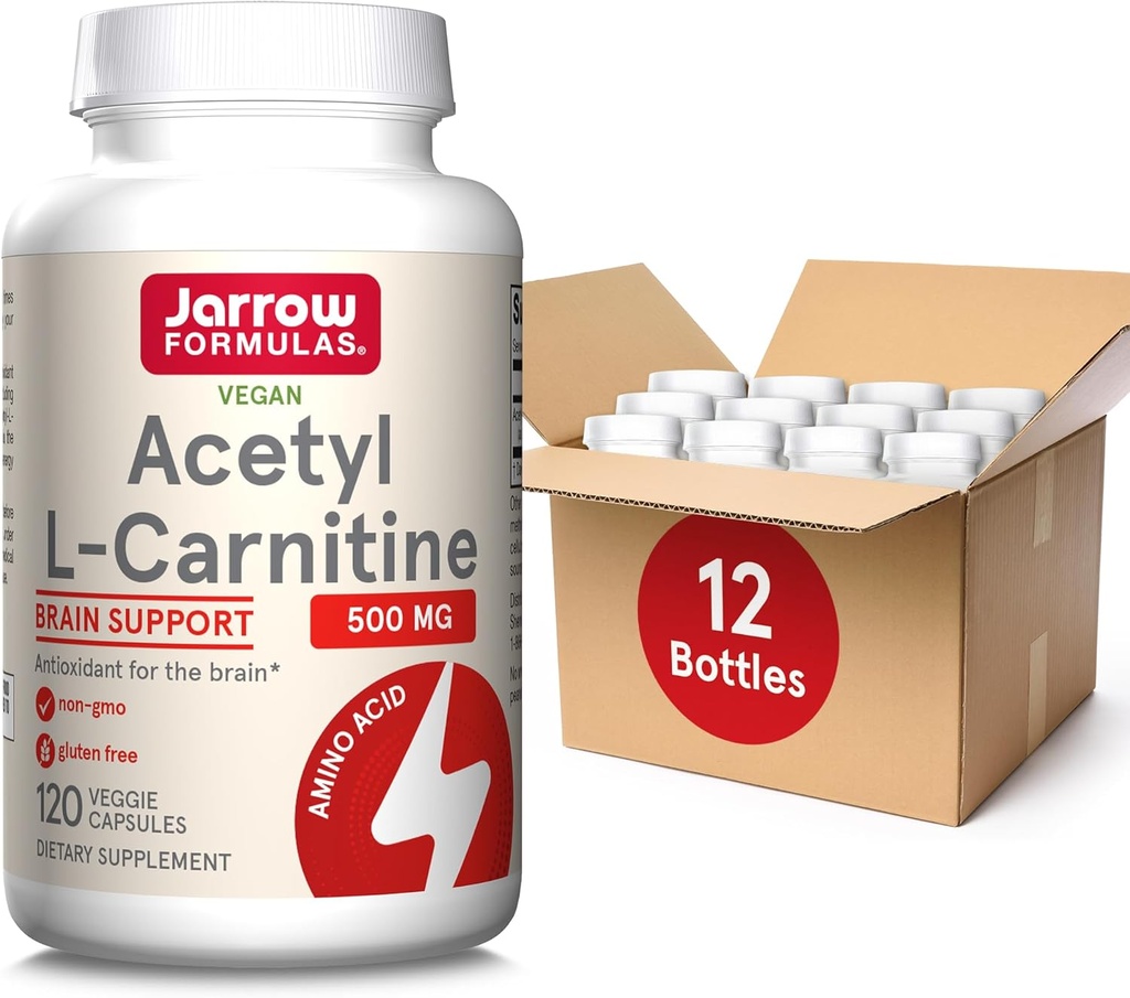 Fórmulas Jarrow Acetil L-Carnitina 500 mg, Suplemento dietético, Suporte Aminoácido para Saúde do Cérebro e Antioxidantes, 120 Cápsulas Veggie, Fornecimento de 120 dias (Pacote de 12)