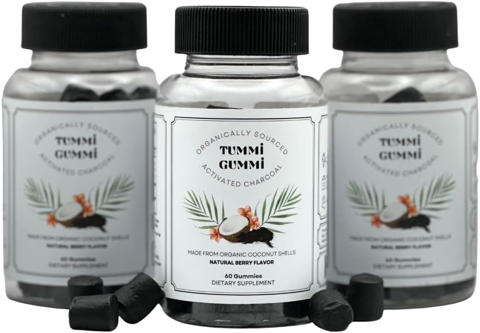 Gummy de carvão orgânico ativado, Gummy de carvão para crianças e adultos, Saúde Digestiva, gás e bloat alívio, detox, sabor de cereja natural, 60 Conde