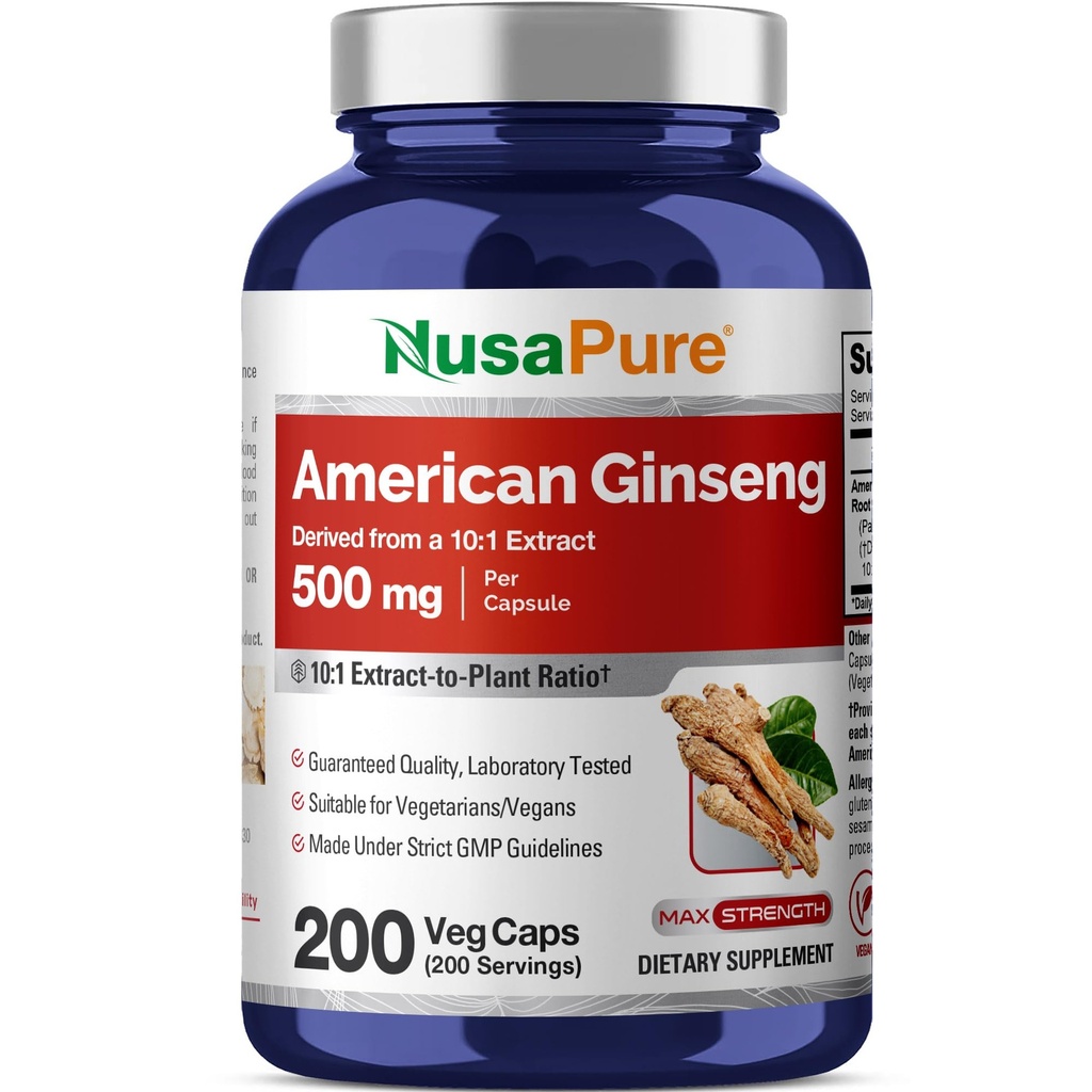 NusaPure American Ginseng 10:1 Extrato, 500 mg Equivalente a 5000mg - 200 Cápsulas Veggie (Vegetariano, Não-GMO, Vegan)