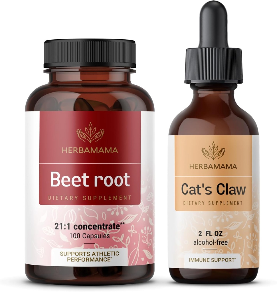 HERBAMAMA Beterraba Raíz e Garra de Gato Kit - Pacote de 21:1 Concentrado Beterraba Raiz e Garra de Gato Tintura 2 fl oz - Vegan, Não-GMO, Açúcar & Álcool - 2 Pack
