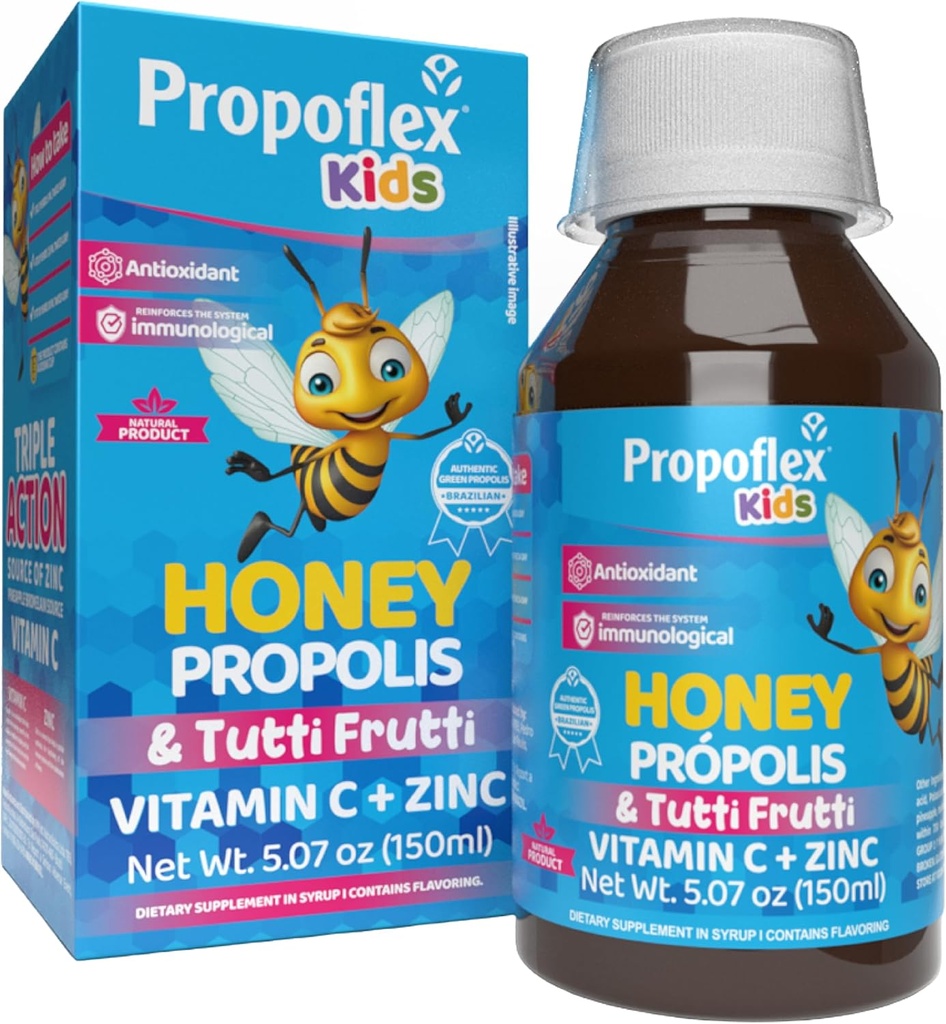 Beelife Bee Propolis Cough Syrup Kids- Triplo-Action - Natural Syrup, Brazilian Green Propolis, Zinc, Bromelain, Vitamina C- Suporte Imunidade e Recuperação - do Brasil, Tutti Fruit Flavor, 150 ml