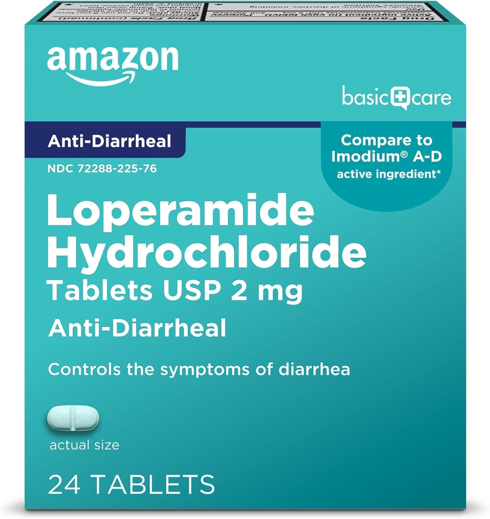 Cuidados Básicos Comprimidos de cloreto de loperamida, 2 mg, Antidiarreia, 24 Count (Pacote de 1) (O pacote pode variar)