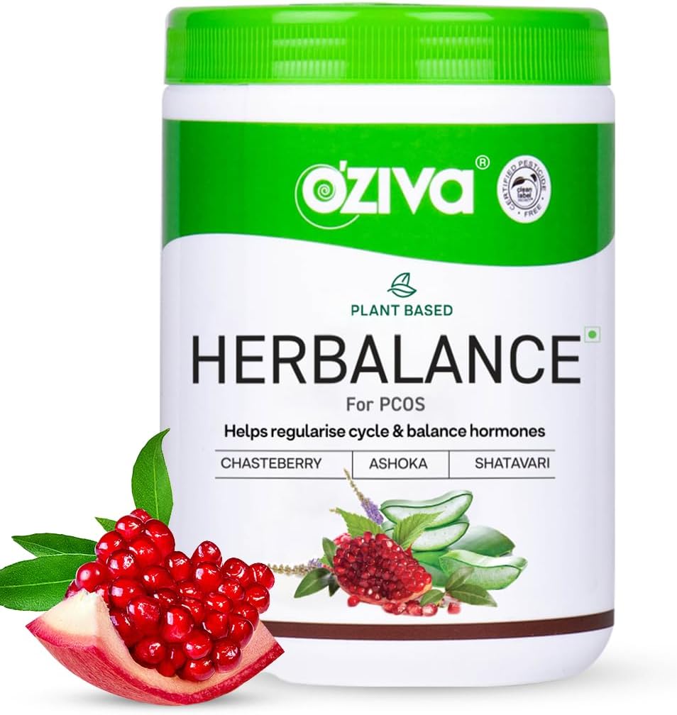 OZIVA planta baseada HerBalance para PCOS , PCOS Suplemento para mulheres para equilíbrio hormonal e melhor ciclo menstrual , PCOS Beber com Inositol, Shatavari, Chasteberry, Ashoka Certified Clean & Vegan, 250g