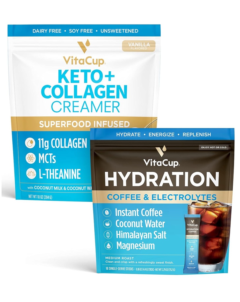 VitaCup Hydration Instant Coffee Sticks w/Electrolytes, água de coco, médio assado 18ct & Keto + Colagen Vanilla Cafe Creamer w/Superfoods & MCTs, 10 onças