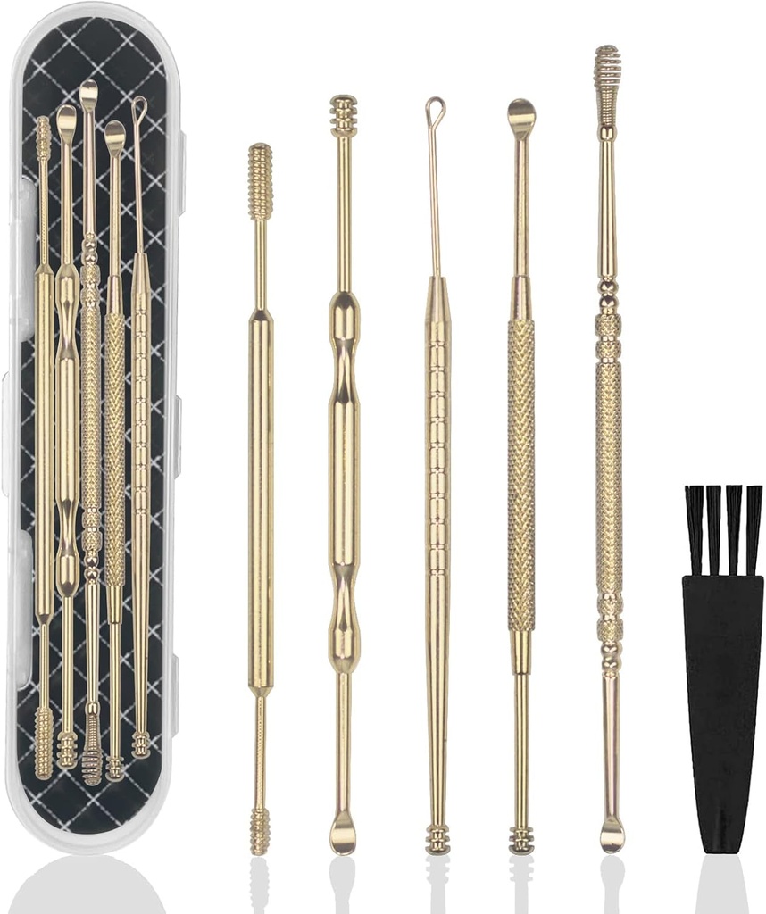 Hion 6 Pcs Extended Ear Wax Removal Kit,Professional Double-Headed Ear Pick Earwax Removal Tools,316L Inox Steel Ear Cleaner Curette com escova de limpeza e caixa de armazenamento,Suit for Kid Adult(Ouro)
