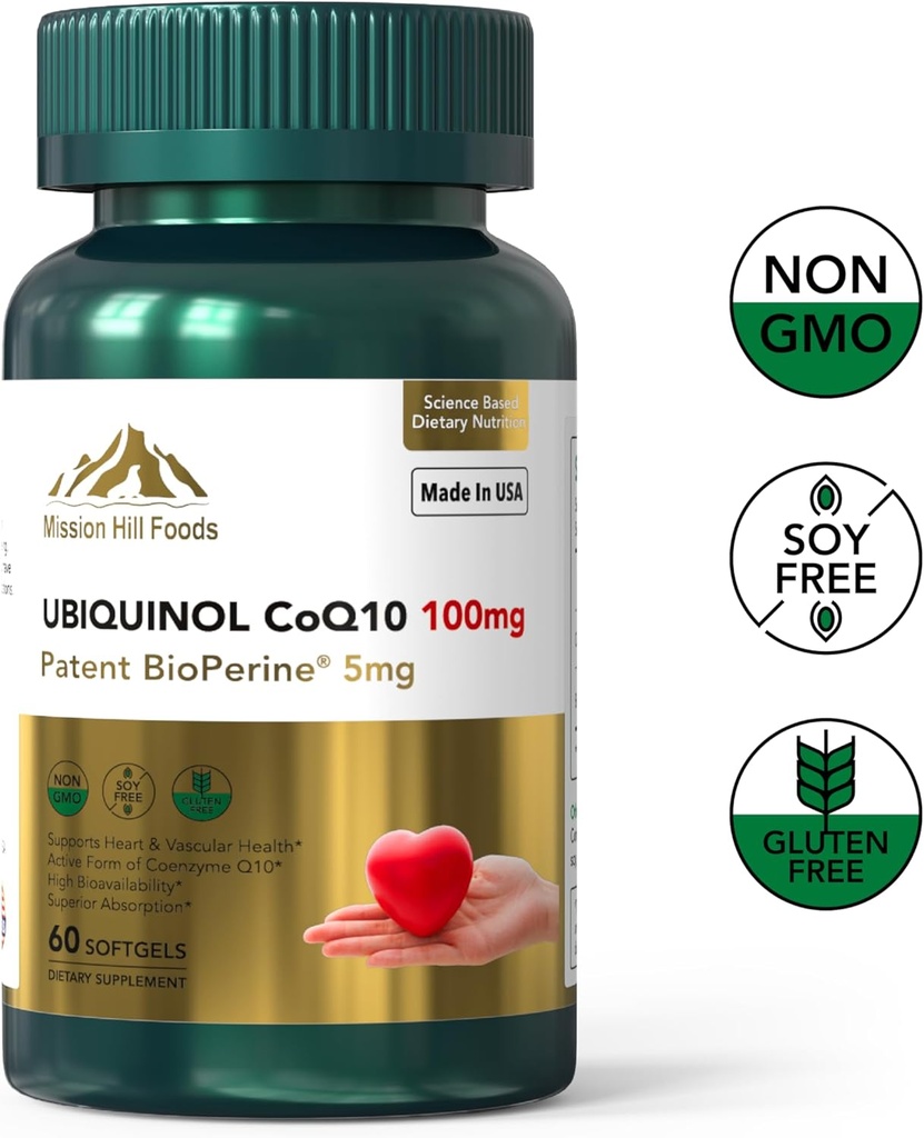 Premium Ubiquinol CoQ10 + BioPerine (100mg) □ Antioxidante para a saúde do coração (1 garrafa-60 Softgels-2mo Abastecimento) □ Alta Absorção Coração & Vitaminas Vasculares