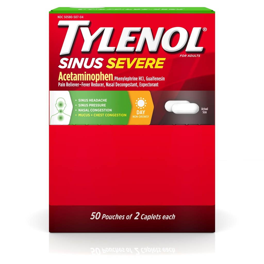 Tilenol Sinus Severo Caplets Diurnos com acetaminofeno 325mg, Guaifenesina 200mg e fenilefrina HCl 5mg, Reliever Dor Não-Drowsy, Expectante e descongestionante nasal, 50 Pacotes de Viagem de 2 ct