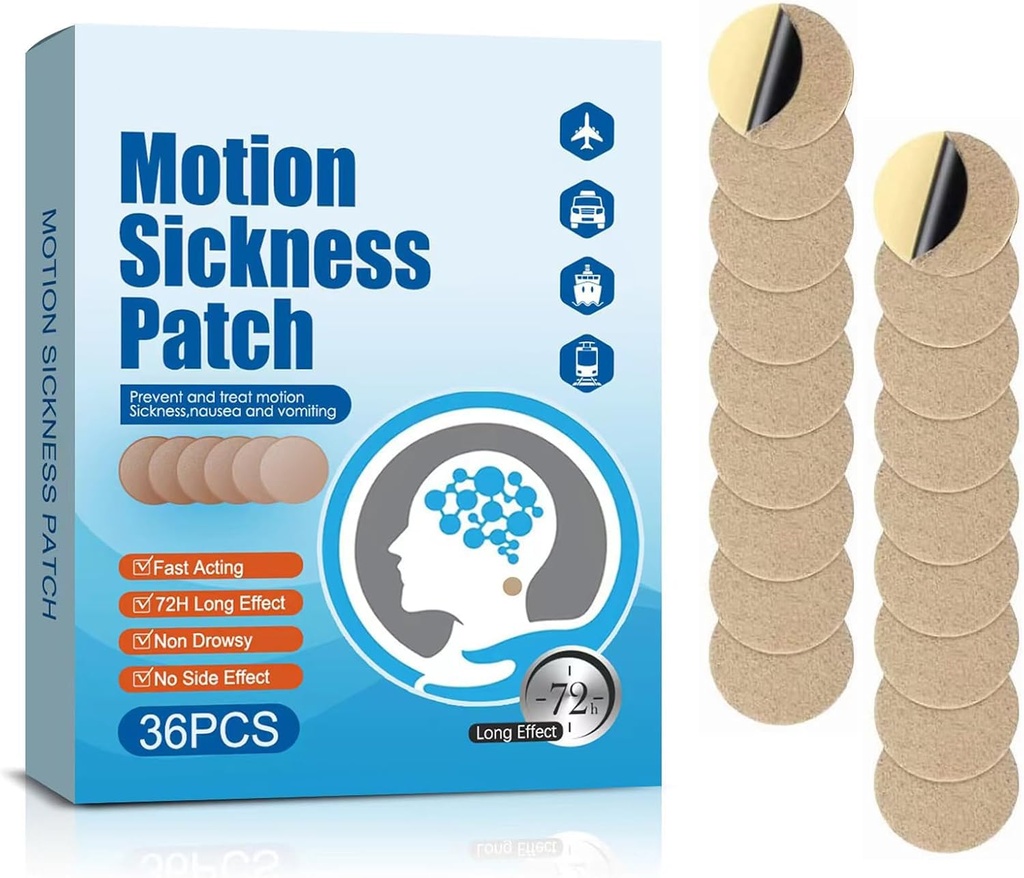 Motion Sickness Patches, 36 Count Ship EEZ Sea Sickness Patches Non Drowsy for Airplanes Cars Bus or Train, Fast Action & 72 Hours Long Last (36 Count of 1))