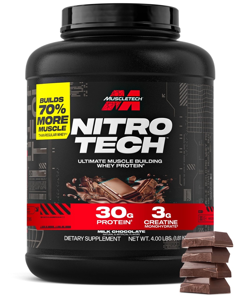 Muscletech Whey Protein Powder ( Chocolate de Leite, 4 Libras) - Nitro-Tech Ultimate Muscle Building Formula com Isolato de Proteína de Whey - 30g de Proteína, 3g de Creatina e 6,8g de BCAA - Embalagem de Vary Maio