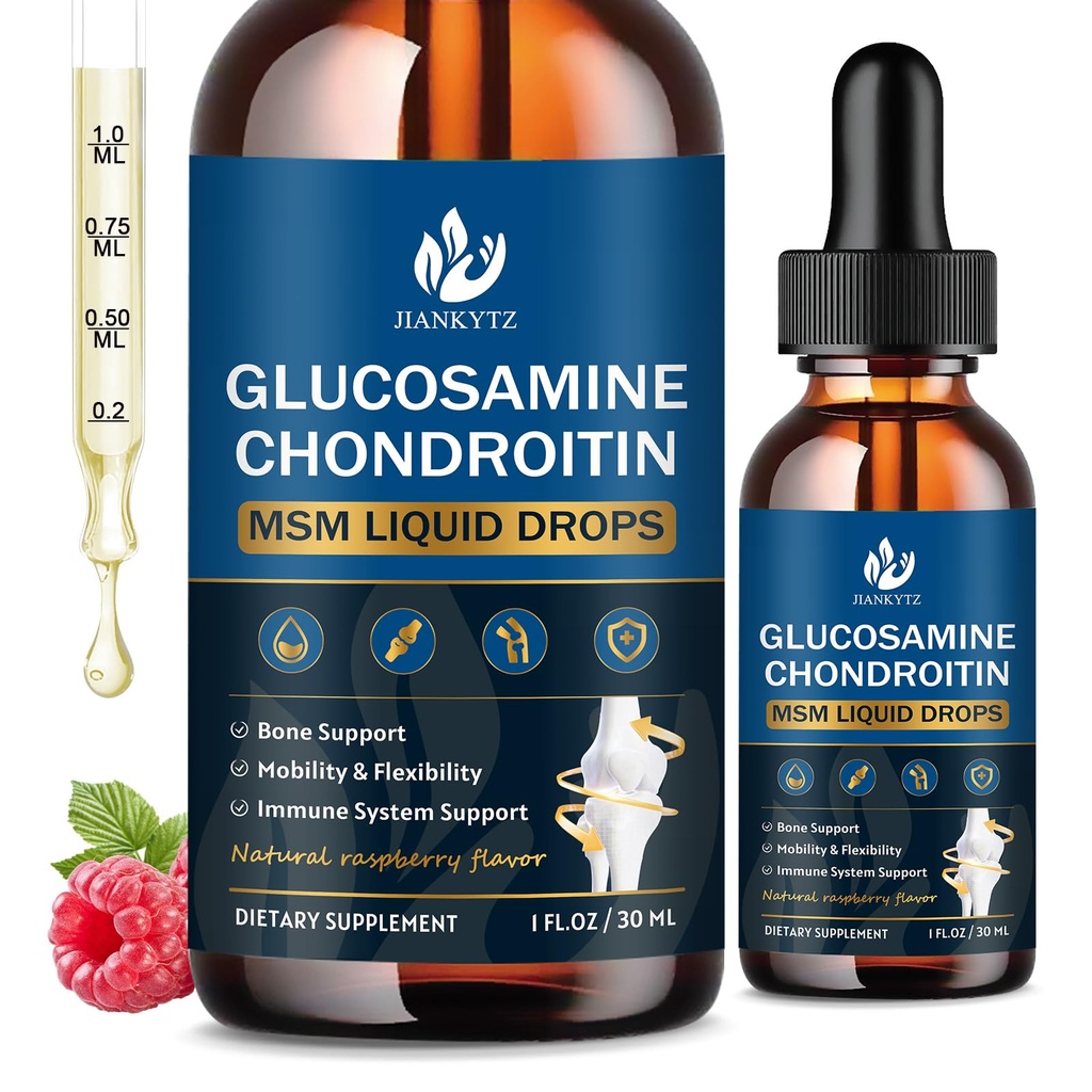 (2 Pack) Glucosamina Condroitina MSM gotas líquidas, alta absorção, antioxidante, imune, suporte ósseo, MSM Suplemento para homens e mulheres, Vegan, sem açúcar, Framboesa sabor, 1 Fl Oz