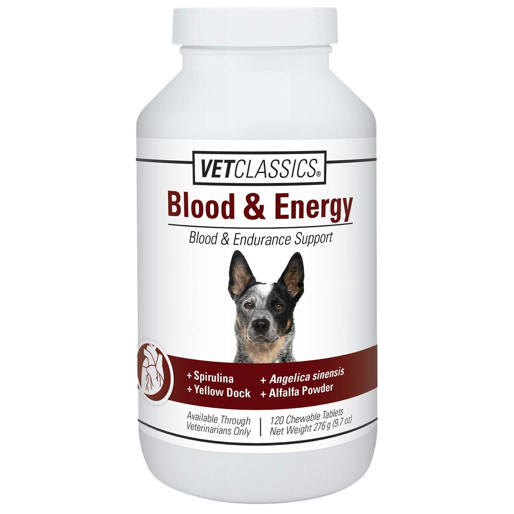 Vet Classics Blood & Energy Support for Dogs, Suporta Endurance with Spirulina, Yellow Dock, & Alfalfa Support Formação de Hemoglobina e Mioglobina, 120 comprimidos mastigáveis