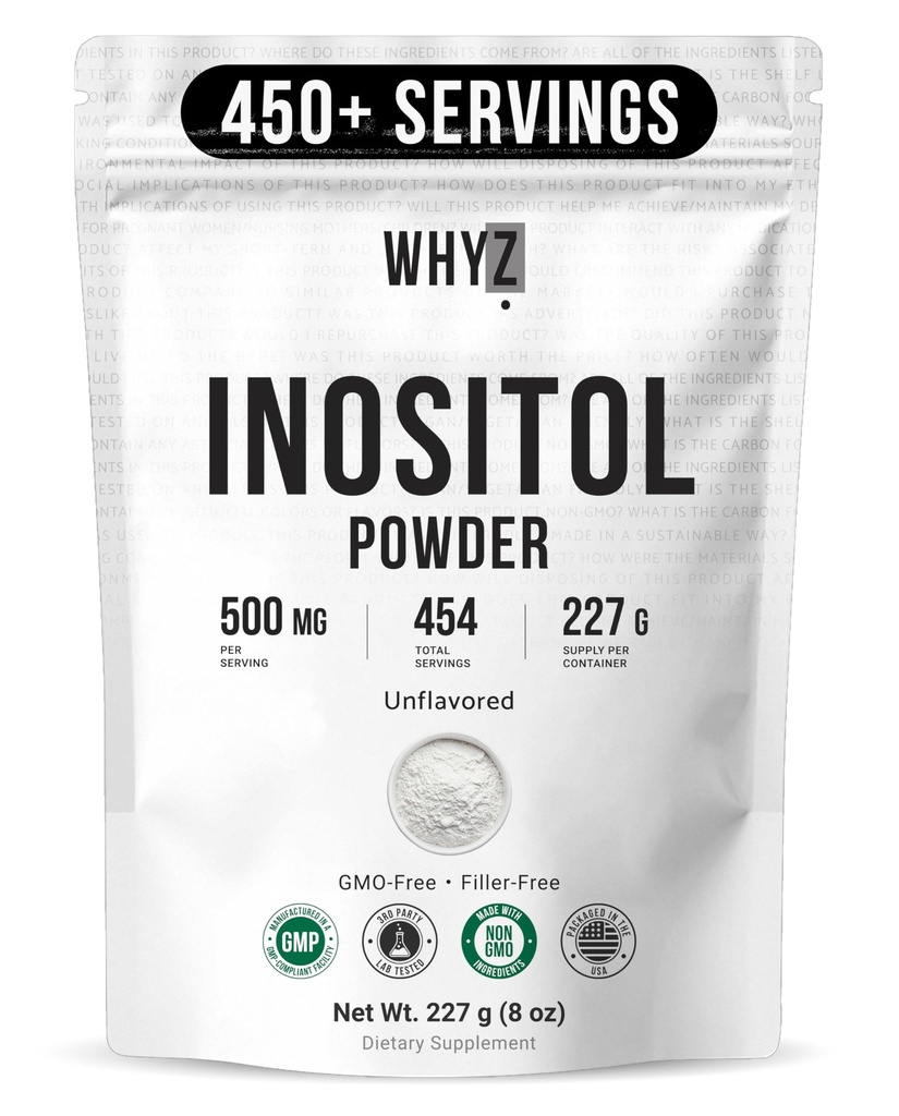 Myo-Inositol Powder 8 onças, Suplemento Natural Myo Inositol para suporte ovariano, Fertilidade e equilíbrio hormonal, Puro Inositol Powder, Myo-Inositol Supplement for Energy, Brain Health, 454 Servings