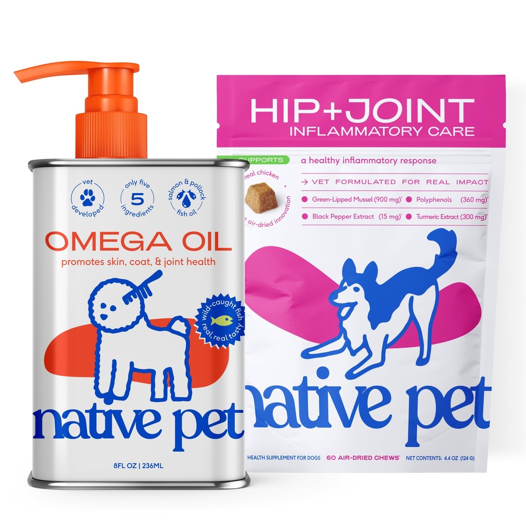 Óleo Ômega animal de estimação nativo para cães 8 Oz - Suplementos de óleo de peixe e alívio - Mastigas anti-inflamatórias para cães - 60 Mastigações - Suplemento de artrite e alívio comum da dor