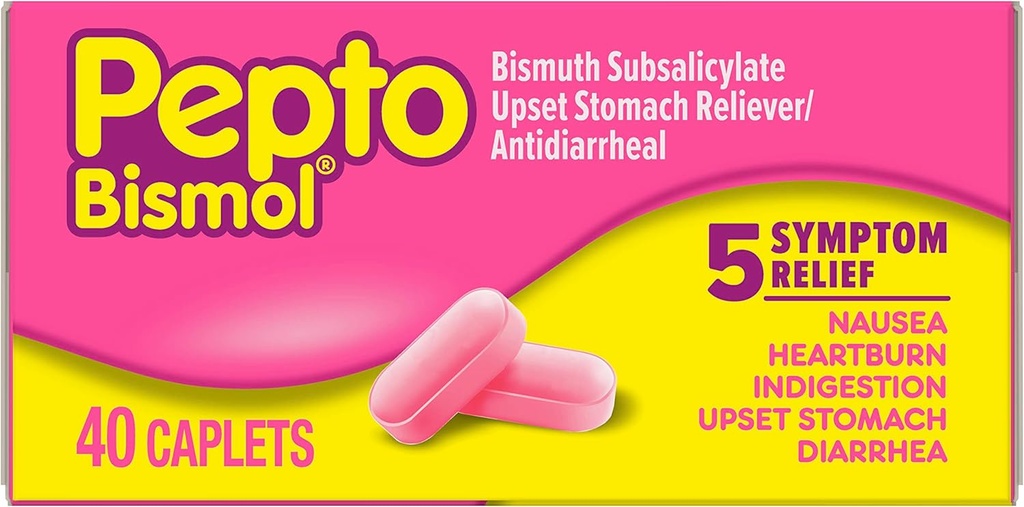 Pepto Bismol Caplets para Náusea, Azia, Indigestão, Estômago Perturbado e Diarréia, 5 Símptomos de alívio rápido em uma forma conveniente, 40 ct