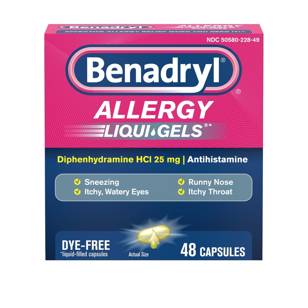 Benadryl Liqui-Gels Anti-histamínico Alergia Medicina e alívio de sintomas frios, Géis líquidos livres de corante com 25 mg de difenidramina HCl para sintomas como, Nariz Runny, espirros e mais, 48 ct