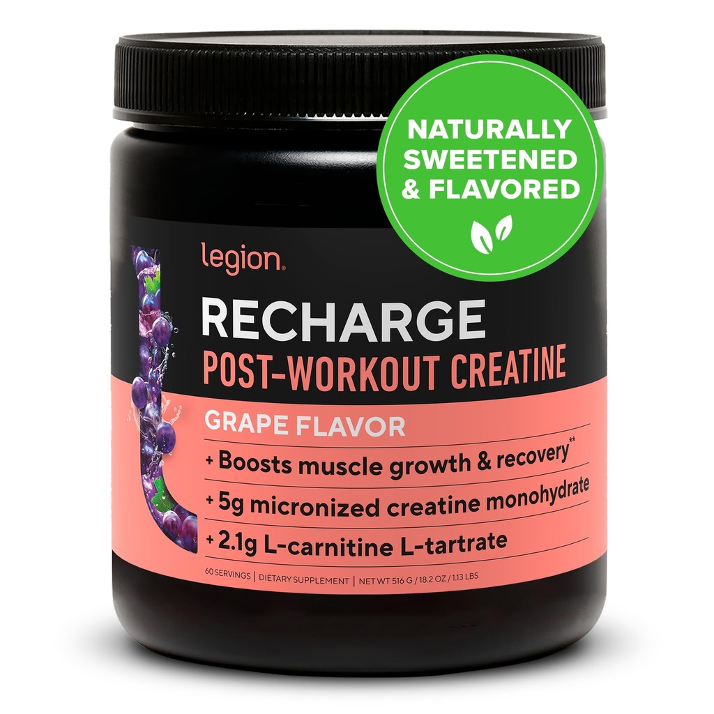 LEGION Recarregue pós Treino Suplemento - Todos Natural Muscle Builder & Recuperação Beba com Creatina Micronizada Monohidrato. Naturalmente adoçado e saboreado, seguro e saudável. (Uva, 60 Servindo)