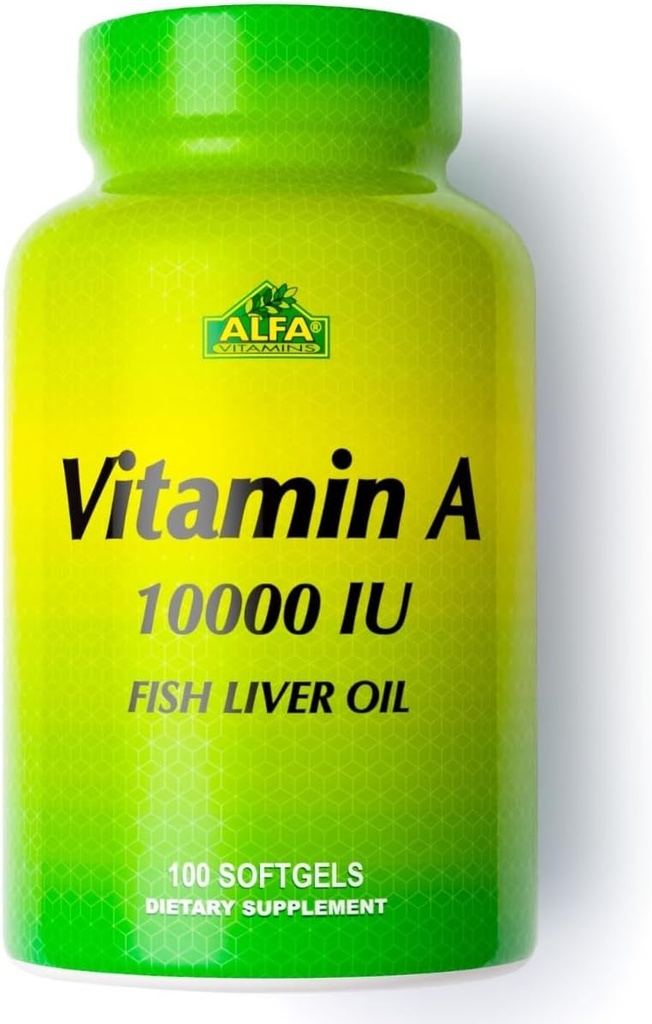 ALFA VITAMINS - Vitamina A - Óleo de fígado de peixe 10.000 UI - Suplemento dietético diário ajuda a apoiar a visão, pele e sistema imunológico - 100 Softgels