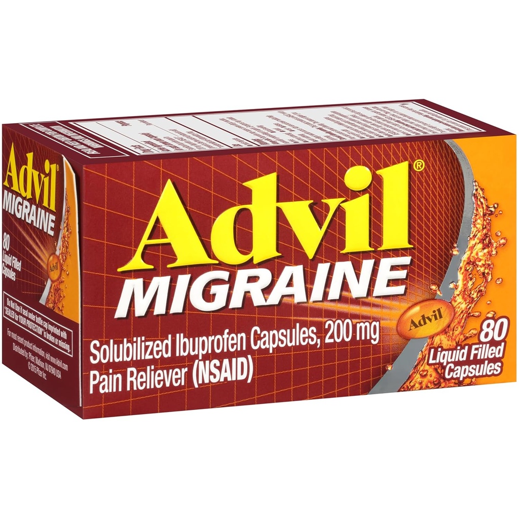 Advil Migraine Pain Reliever, Ibuprofeno solubilizado 200mg, 80 Conde, Cápsulas Enchidas Líquidas, Aliviamento de Migraína Poderoso