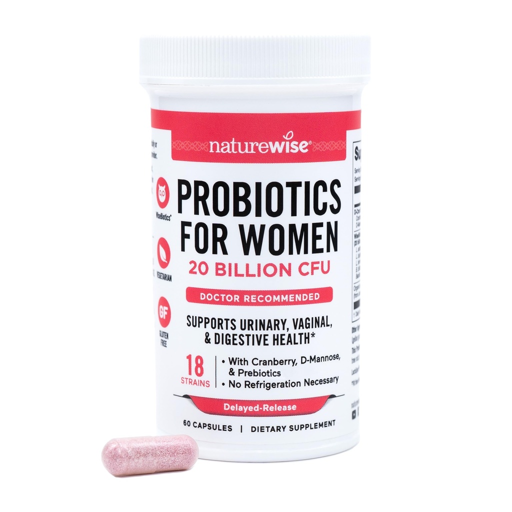 NatureWise Probióticos para Mulheres + Prebióticos Orgânicos D-Mannose & Cranberry - Probióticos Vaginais para Equilíbrio PH, Digestivo & Trato Urinário - 18 Strains, 20 Bilhões CFU - 60 Cápsulas[60-Dia de Abastecimento]